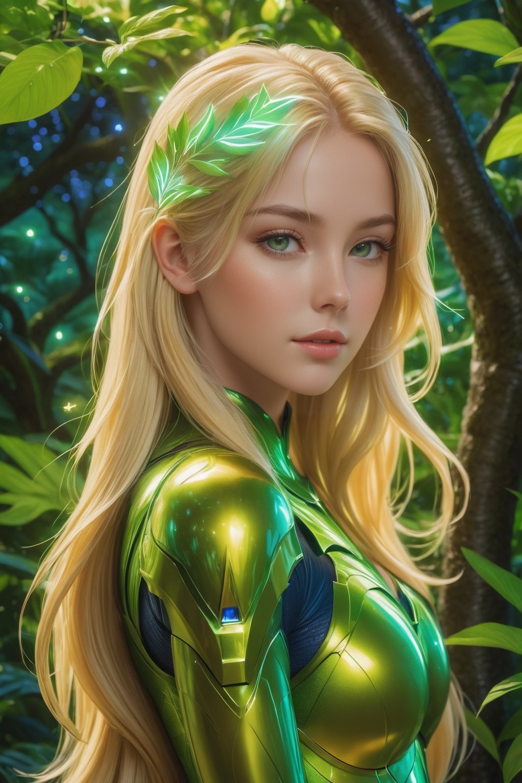 A beautiful blonde with long hair stands in front of a lush green tree.lots of detail,8K,hyperdetalization,Greg Rutkowski style, close-up starlight anime sdxl