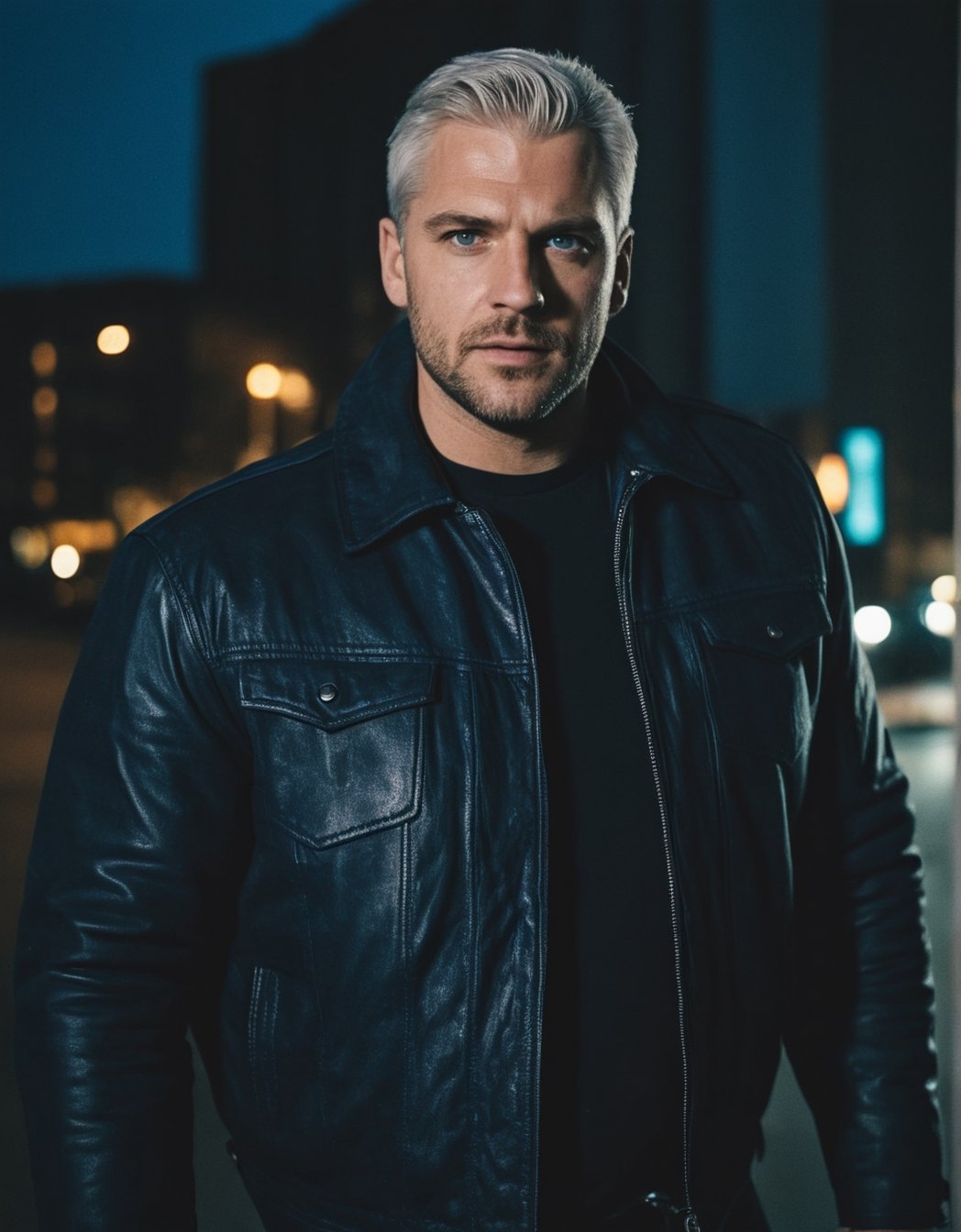 3/4 shot, Realistic photo of jaroslav, chubby_face:1.5, silver_hair, short_hair, thick_hair:1.5, blue_eyes, muscular, Tough guy, hardened face, full of scars, wrinkles, black leather jacket, blue jeans, burning city at night in the background
,RAW candid cinema, 16mm, color graded portra 400 film, remarkable colors, ultra realistic,, captured on (Nikon D850),
