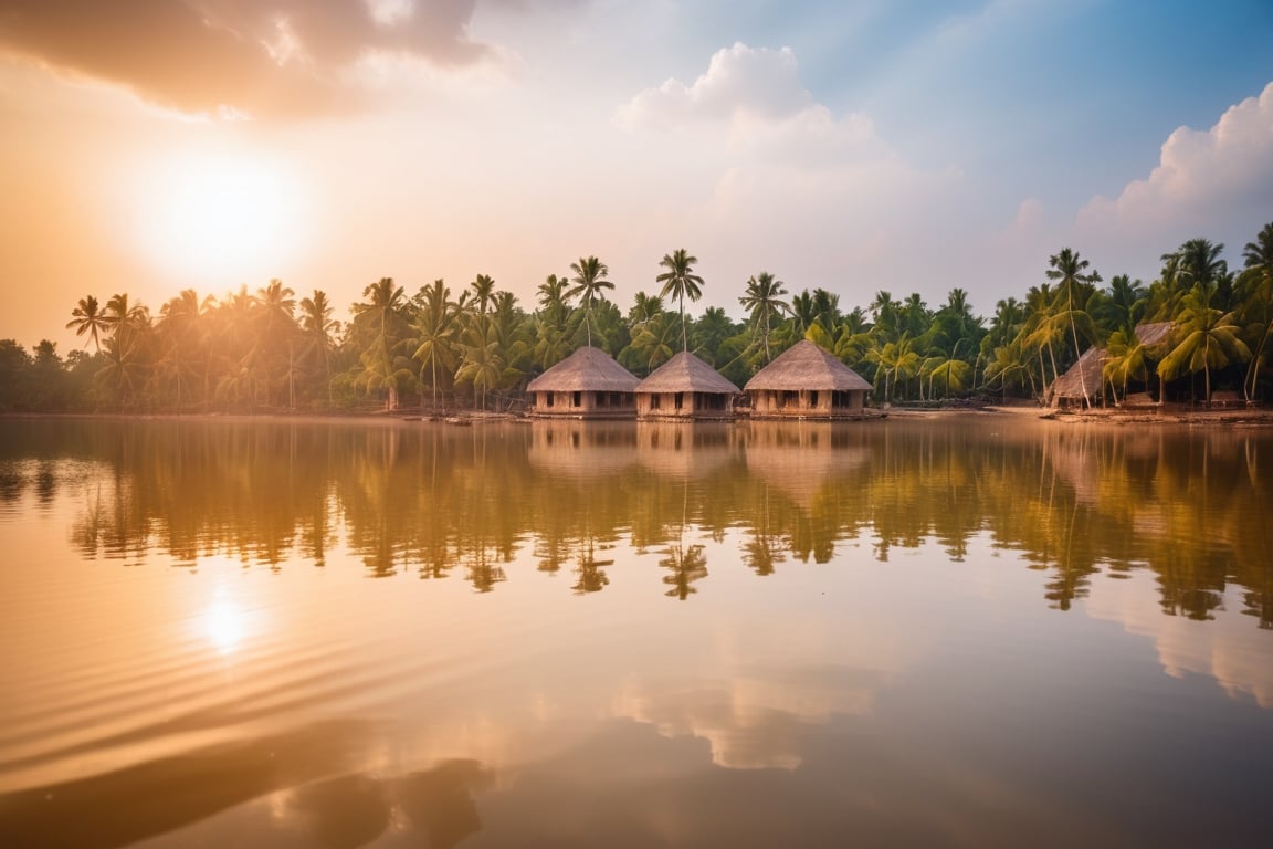 Real photo, view of an Indian settlement. Beautiful tropical scenery. Brown water in the lake. The sun on the horizon.
, dslr, ultra quality, sharp focus, tack sharp, dof, film grain, Fujifilm XT3, crystal clear, highly detailed glossy eyes, high detailed skin, skin pores,
