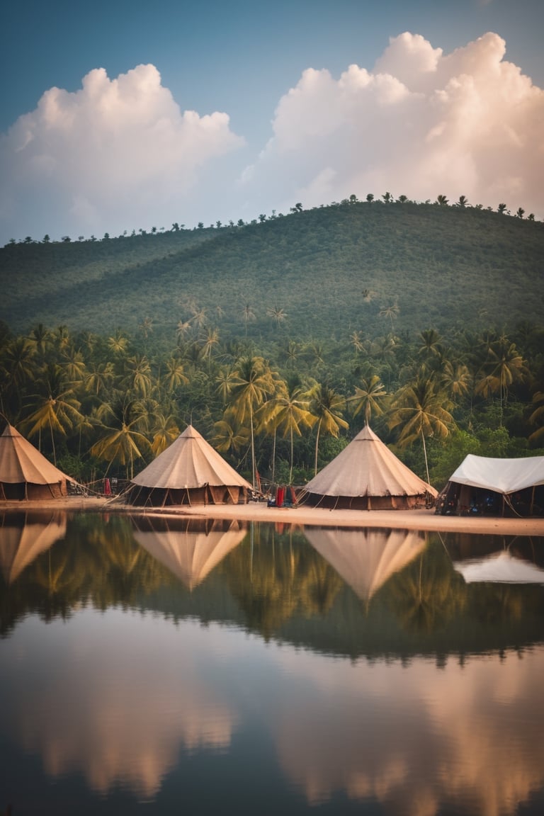 Real photo, view of an Indian settlement. Indian tents. There's a bottle of rum everywhere. Beautiful tropical scenery. Brown water in the lake. Dark film lighting.
, dslr, ultra quality, sharp focus, tack sharp, dof, film grain, Fujifilm XT3, crystal clear, highly detailed glossy eyes, high detailed skin, skin pores,