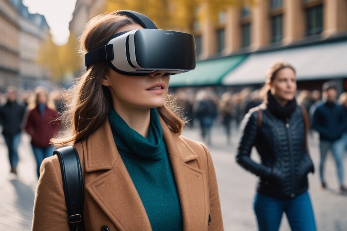 Realistic photograph from a beautiful future. People on the street are all wearing (VR with display that shows their eyes).
, dslr, ultra quality, sharp focus, tack sharp, dof, film grain, Fujifilm XT3, crystal clear, high detailed skin, skin pores