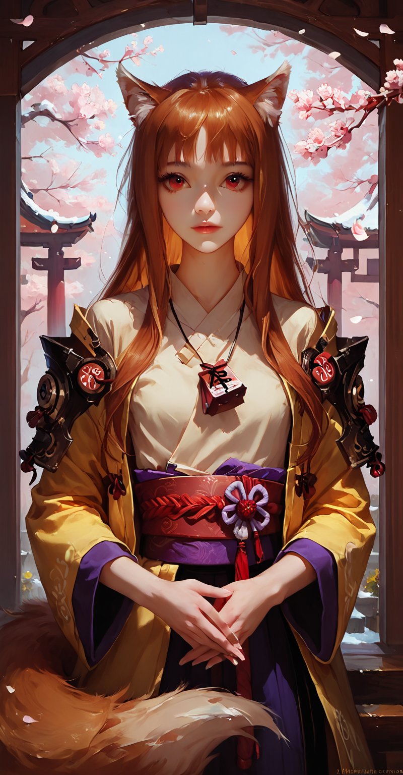 score_9, score_8_up, score_7_up, In a serene Japanese garden, a cyborg geisha stands amidst blooming cherry blossoms. Holo, wolf ears, wolf tail, bangs, brown hair, Her high-gloss white plastic body glimmers in the soft light, reflecting the vibrant hues of the surrounding flowers. The beautiful woman's photorealistic features are framed by a traditional kimono, its delicate patterns and fabrics subtly contrasting with her synthetic skin. As she poses, her android gaze is both alluring and unsettling, blending the boundaries between human and machine.,olohpnxl, holo