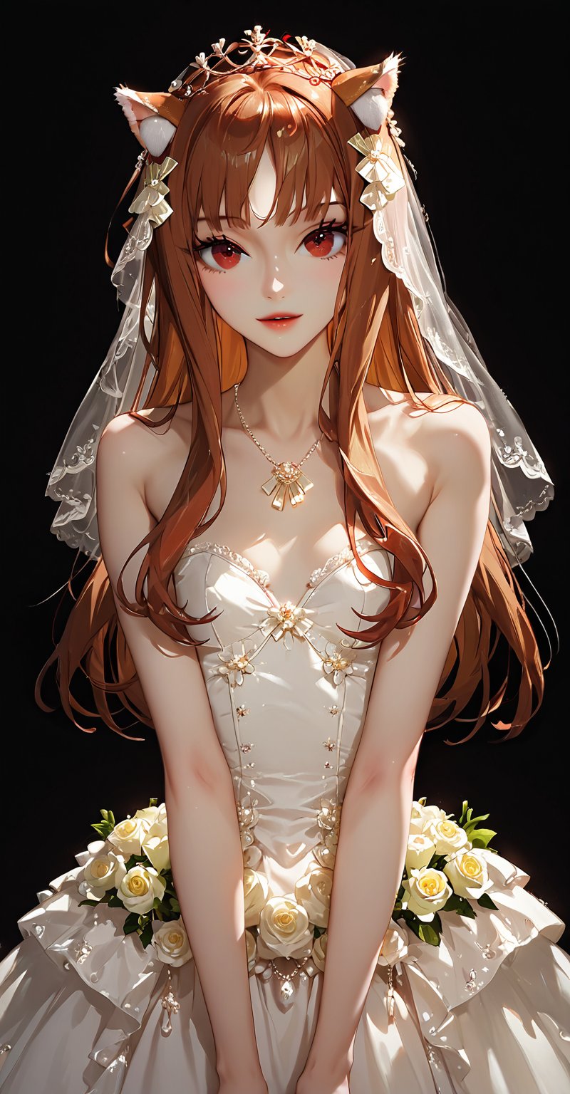 Holo poses seductively by the window, medium-brown hair framing her playful face as she gazes out at the viewer. Soft lighting accentuates her chestnut-hued bangs and wolfish ears adorned with brown curls. In a luxurious bedroom setting, Holo's stunning physique is showcased in a gorgeous white wedding dress against a richly colored background.