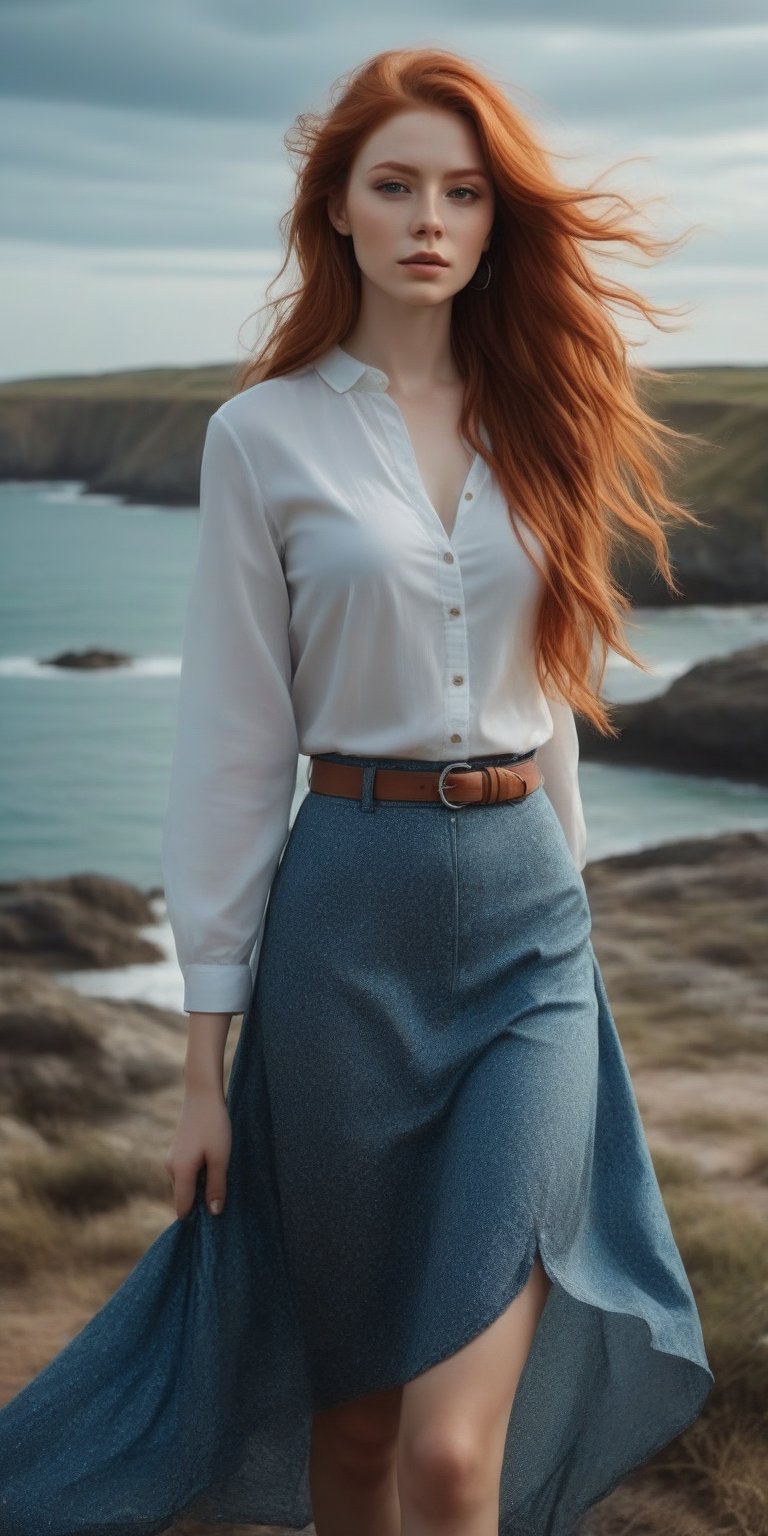 photorealistic,portrait of hubggirl, (ultra realistic,best quality),photorealistic,Extremely Realistic, in depth, cinematic light, 1girl,(long red hair:1.4),outdoors,(front:1.3),(standing:1.3),seaside,cloudy sky,High-low skirt,(cowboy_shot:1.2),navelwavy hair, perfect lighting, vibrant colors, intricate details, high detailed skin, pale skin, intricate background, realism,realistic,raw,analog,portrait,photorealistic, taken by Canon EOS,SIGMA Art Lens 35mm F1.4,ISO 200 Shutter Speed 2000,Vivid picture,