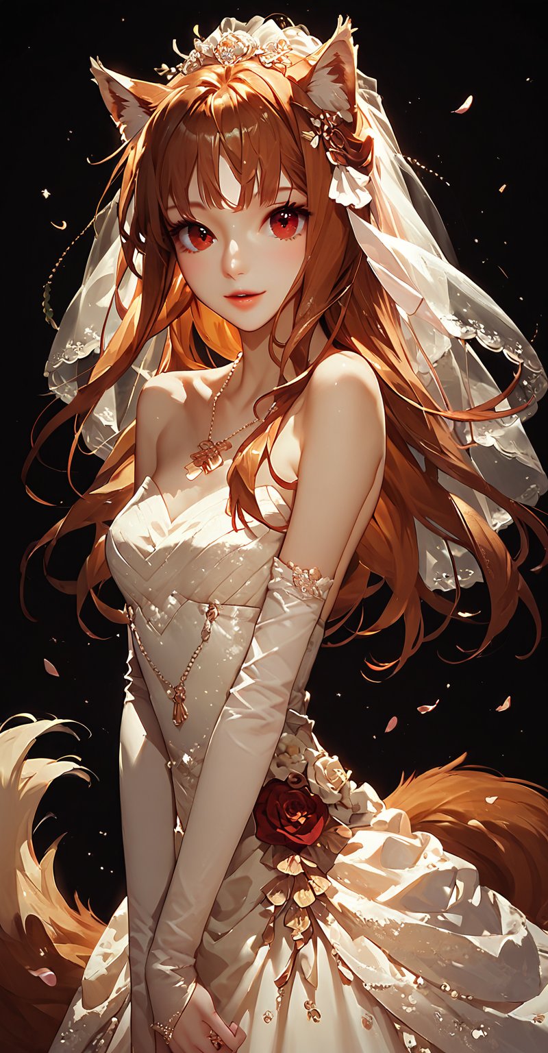 score_9, score_8_up, score_7_up, A beautiful wolf girl Holo, standing against the background of summer nature, Holo poses dressed in a luxurious wedding dress, her cute ears and magnificent wolf tail harmoniously complement the wedding outfit, beautiful bangs with brown hair, a wedding atmosphere in nature.