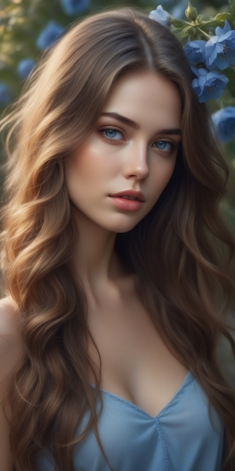 masterpiece, best quality, ultra-detailed, ultra high res, (photorealistic:1.4), raw photo, (realistic:0.2), 8k HDR, realistic lighting, 1girl, solo, looking at viewer, asymmetrical long hair, (detailed oily skin), blue eyes, (detailed face), (flower gardon background :1.1), (upper body:1.2)