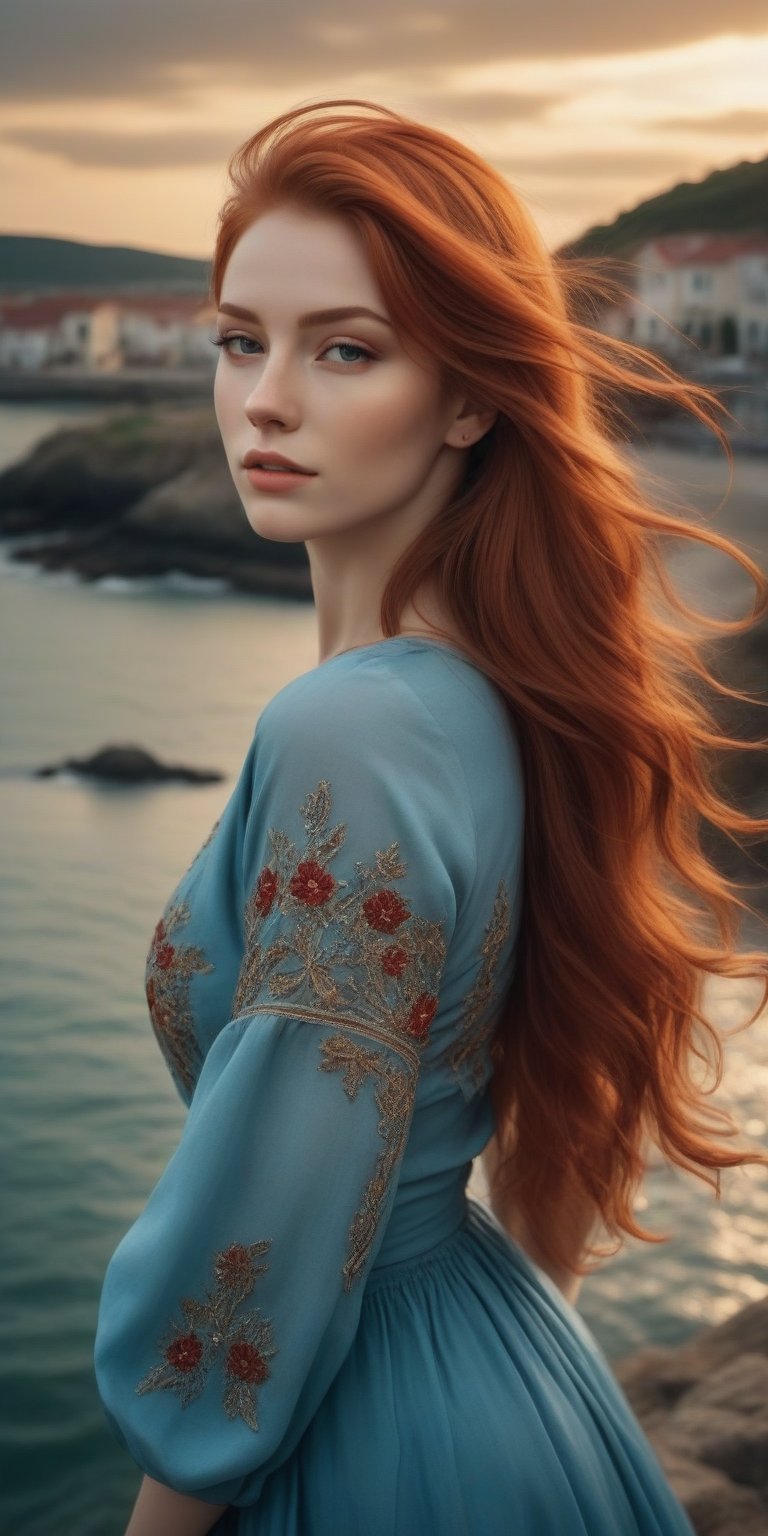 photorealistic,portrait of hubggirl, (ultra realistic,best quality),photorealistic,Extremely Realistic, in depth, cinematic light, 1girl,(long red hair:1.4),outdoors,(front:1.3),(standing:1.3),seaside,cloudy sky,High-low skirt,(cowboy_shot:1.2),navelwavy hair, perfect lighting, vibrant colors, intricate details, high detailed skin, pale skin, intricate background, realism,realistic,raw,analog,portrait,photorealistic, taken by Canon EOS,SIGMA Art Lens 35mm F1.4,ISO 200 Shutter Speed 2000,Vivid picture,