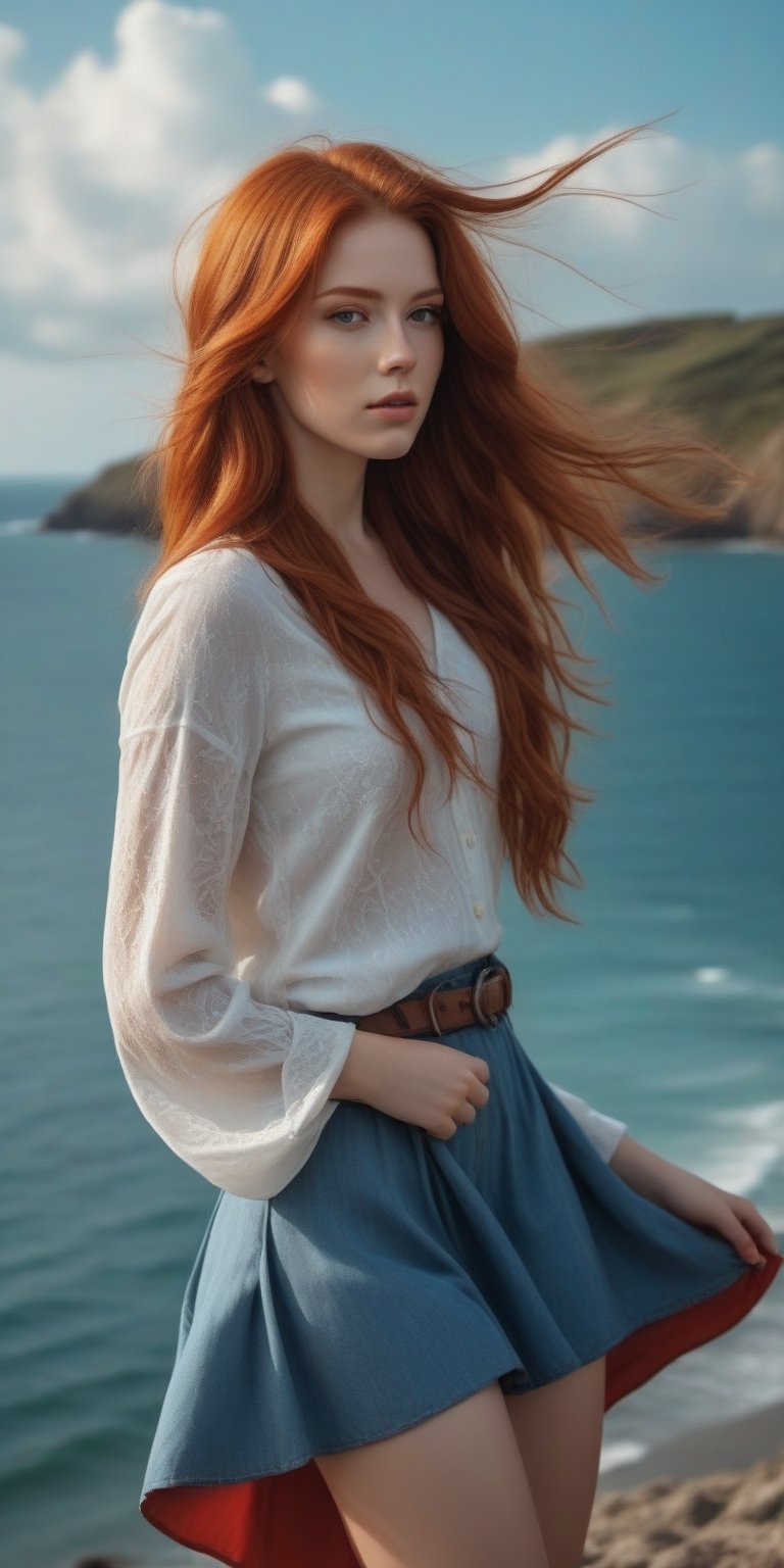 photorealistic,portrait of hubggirl, (ultra realistic,best quality),photorealistic,Extremely Realistic, in depth, cinematic light, 1girl,(long red hair:1.4),outdoors,(front:1.3),(standing:1.3),seaside,cloudy sky,High-low skirt,(cowboy_shot:1.2),navelwavy hair, perfect lighting, vibrant colors, intricate details, high detailed skin, pale skin, intricate background, realism,realistic,raw,analog,portrait,photorealistic, taken by Canon EOS,SIGMA Art Lens 35mm F1.4,ISO 200 Shutter Speed 2000,Vivid picture,