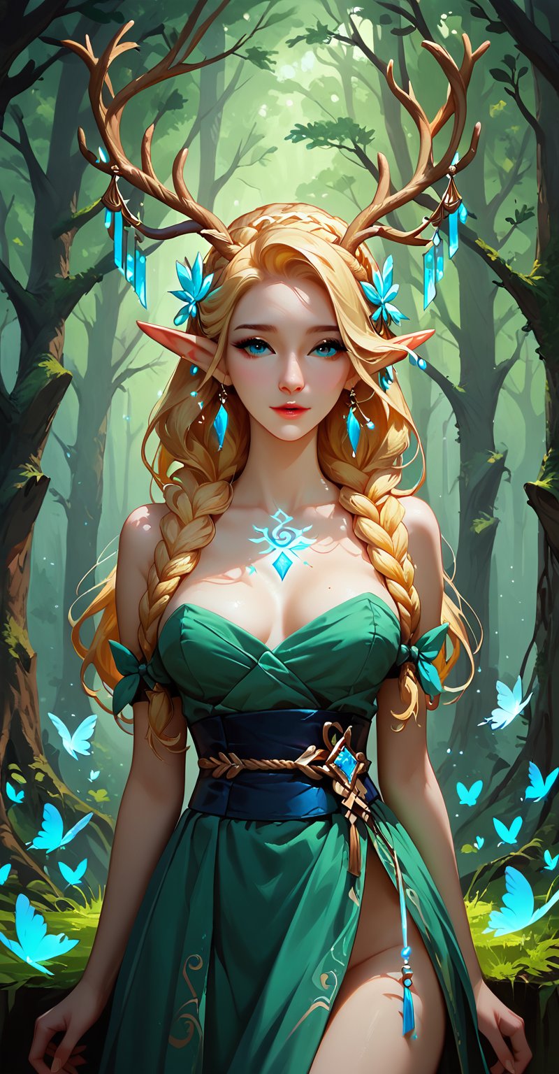 score_9, score_8_up, score_7_up, In this stunning piece of art, a mythical creature emerges from a serene forest glade, her delicate features illuminated by soft, diffused light. The girl's lower body transitions seamlessly into that of a white deer, with the upper body of a human woman, complete with long golden braided hair and elf-like ears. Her dress, a flowing white confection with a ribbon sash, seems to shimmer in harmony with the surrounding foliage. The overall effect is one of ethereal beauty, as if the natural world has been woven into her very essence.