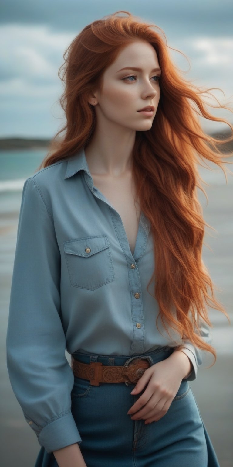 photorealistic,portrait of hubggirl, (ultra realistic,best quality),photorealistic,Extremely Realistic, in depth, cinematic light, 1girl,(long red hair:1.4),outdoors,(front:1.3),(standing:1.3),seaside,cloudy sky,High-low skirt,(cowboy_shot:1.2),navelwavy hair, perfect lighting, vibrant colors, intricate details, high detailed skin, pale skin, intricate background, realism,realistic,raw,analog,portrait,photorealistic, taken by Canon EOS,SIGMA Art Lens 35mm F1.4,ISO 200 Shutter Speed 2000,Vivid picture,