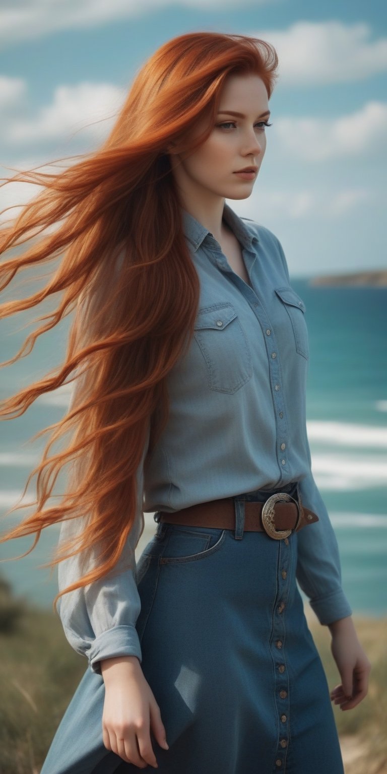 photorealistic,portrait of hubggirl, (ultra realistic,best quality),photorealistic,Extremely Realistic, in depth, cinematic light, 1girl,(long red hair:1.4),outdoors,(front:1.3),(standing:1.3),seaside,cloudy sky,High-low skirt,(cowboy_shot:1.2),navelwavy hair, perfect lighting, vibrant colors, intricate details, high detailed skin, pale skin, intricate background, realism,realistic,raw,analog,portrait,photorealistic, taken by Canon EOS,SIGMA Art Lens 35mm F1.4,ISO 200 Shutter Speed 2000,Vivid picture,