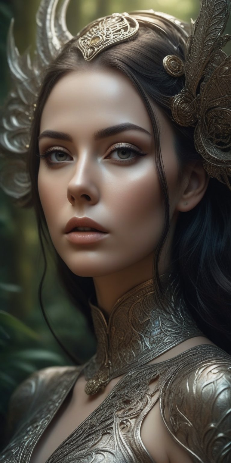 Realistic Photography of beautiful girl. The girl is in a forest. The girl has a perfect detailed face, detailed symmetric circular iris, realistic, stunning realistic photograph fantasy art character, 3d render, octane render, intricately detailed, cinematic, trending on artstation, Isometric, Centered hiperrealistic cover photo, awesome full color, hand drawn, dark, gritty, mucha, klimt, erte 12k, hight definition, cinematic, neoprene, behance contest winner, portrait featured on unsplash, stylized digital art, smooth, ultra high definition, 8k, unreal engine 5, ultra sharp focus, intricate artwork masterpiece, ominous, epic, (((real skin texture :1.3))) (((skin pores:1.3))) trending on artstation, by artgerm, h. r. giger and Beksiński, highly detailed, vibrant,photo