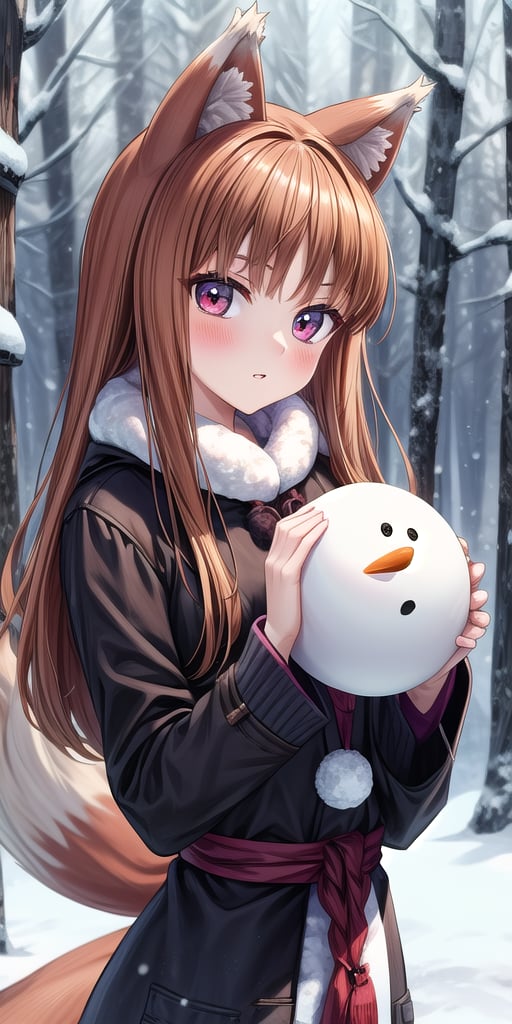 1 Holo girl, full-length, winter forest, snow, snowball fight, sculpts a snowman, needles, spruce, in warm traditional clothes, blush, seductive look, wolf ears, 1 wolf tail, bangs, long hair, parted lips, (masterpiece, best quality, super detail), (perfect hands, perfect anatomy), High detail, detailed background, anatomically correct, beautiful face, detailed hands, perfect eyes, expressive eyes, best quality, masterpiece, 4k, holo, wolf ears, wolf tail, medium chest, winter clothes,