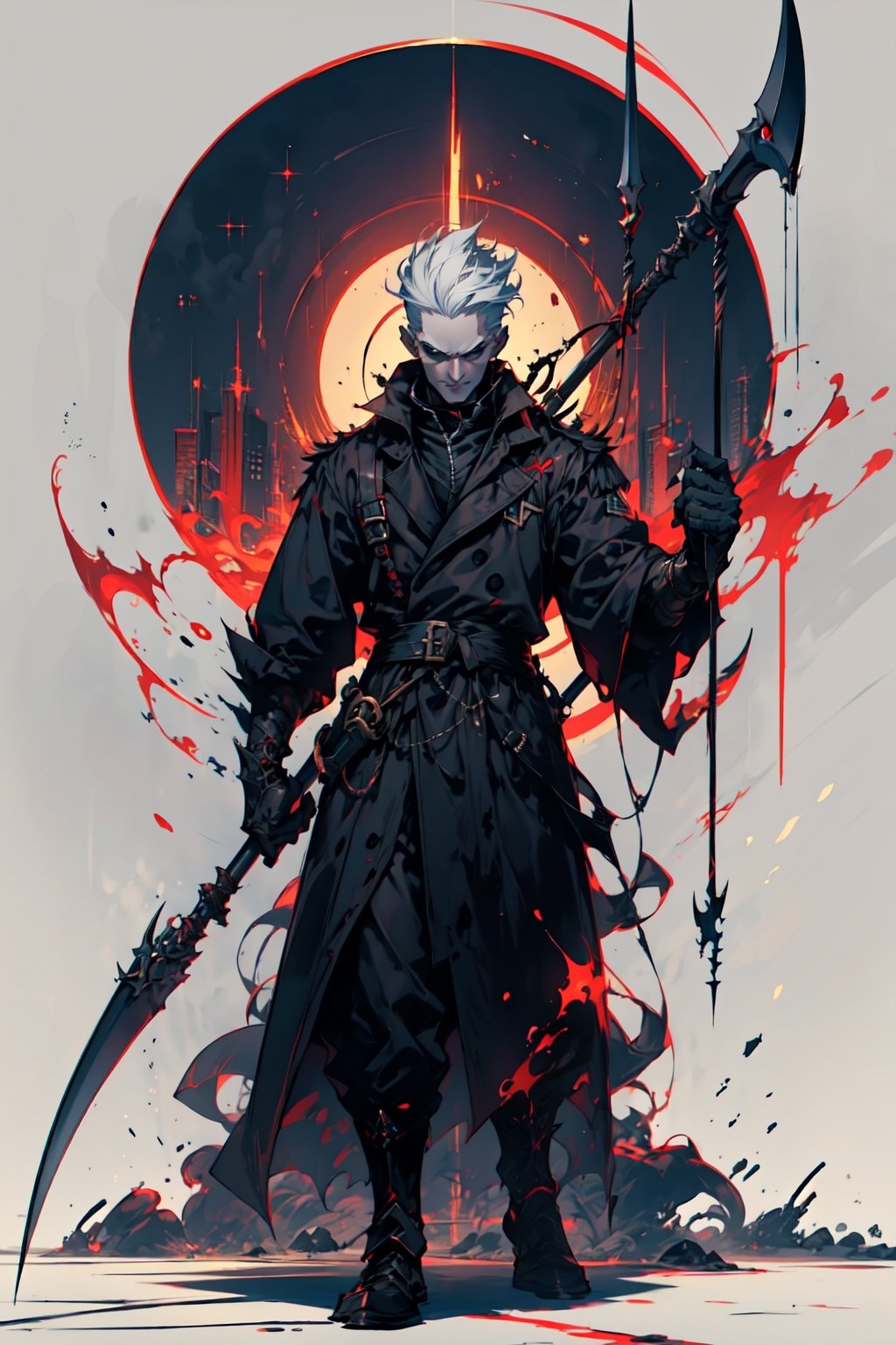 .1 man. .handsome. .serious face. .trench coat. .white haired. .flaming cape. .spear and scythe. in white background