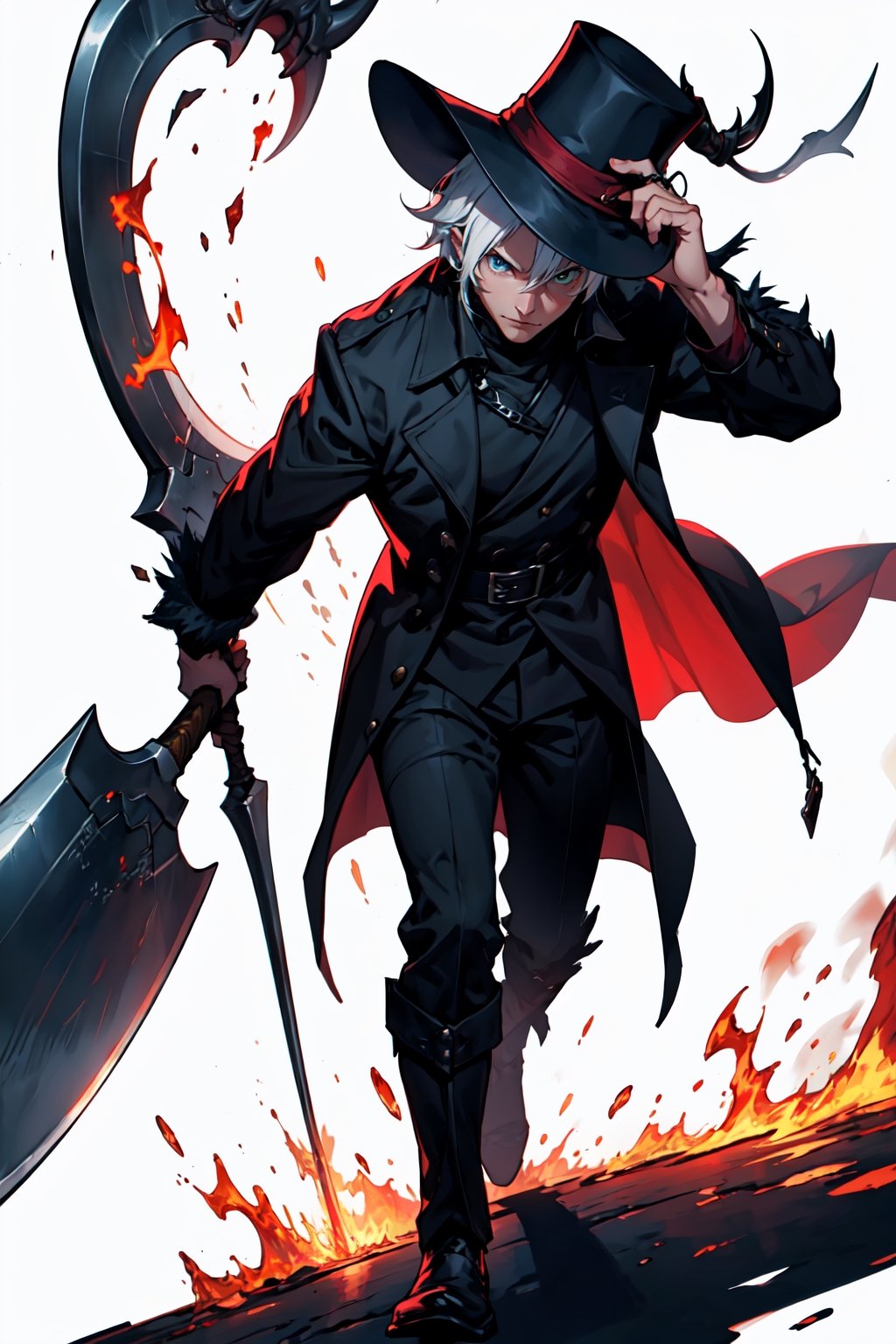 man using coat and dark era style and eyes heterochromia and using hat and white haired and using flaming cape and scythe and axe in white background