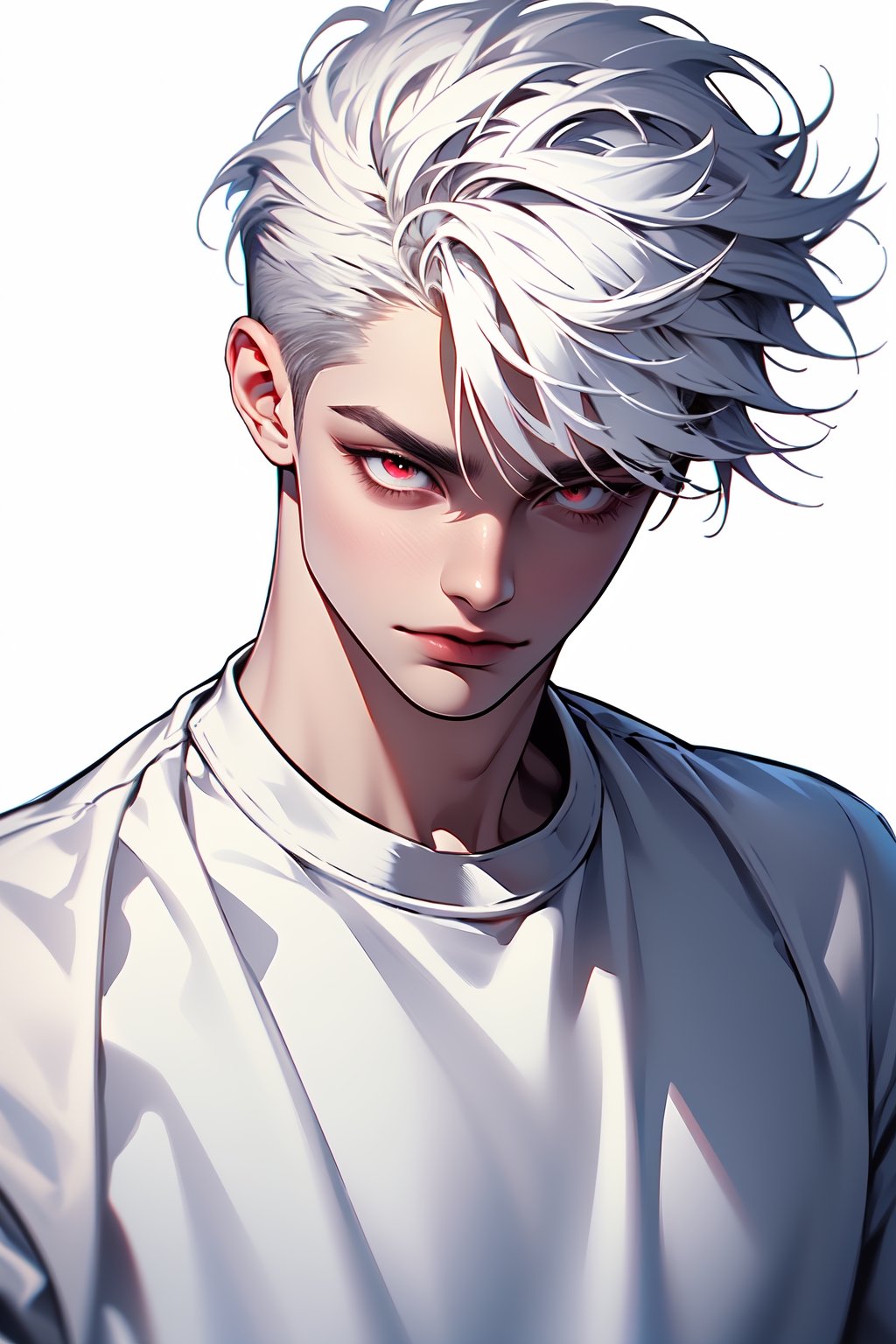 man with red eyes and white haired and wolfcut hairstyle and using crewneck in white background