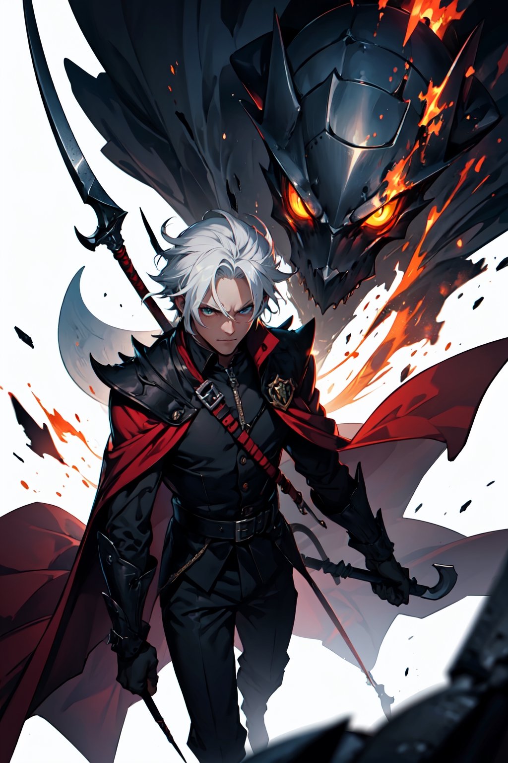 man using dark era style and eyes heterochromia and using hat and white haired and using flaming cape and scythe in white background
