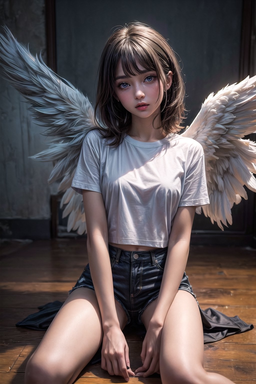 18, (((masterpiece))), (((complex details))), (((best quality))), 8K, 16K, high resolution, ultra realistic photo, studio photo, eye focus, detailed eyes, beautiful eyes, blue eyes, unique eyes, Instagram photos, full-length portrait, full-body view, young girl with large white wings spread out, (((large wings ))), (((bright white wings))), angel girl, 28 years old, light brown shoulder-length hair, flowing hair, beautiful Russian face, wide cheekbones, natural makeup, slim figure, small breasts, slim waist, wide hips, without underwear,(((dressed ONLY in a knee-length T-shirt))), (((long white T-shirt fits the body))), (((knee-length T-shirt))), against the background of a destroyed, burning city, a lot of fire, smoke, explosions