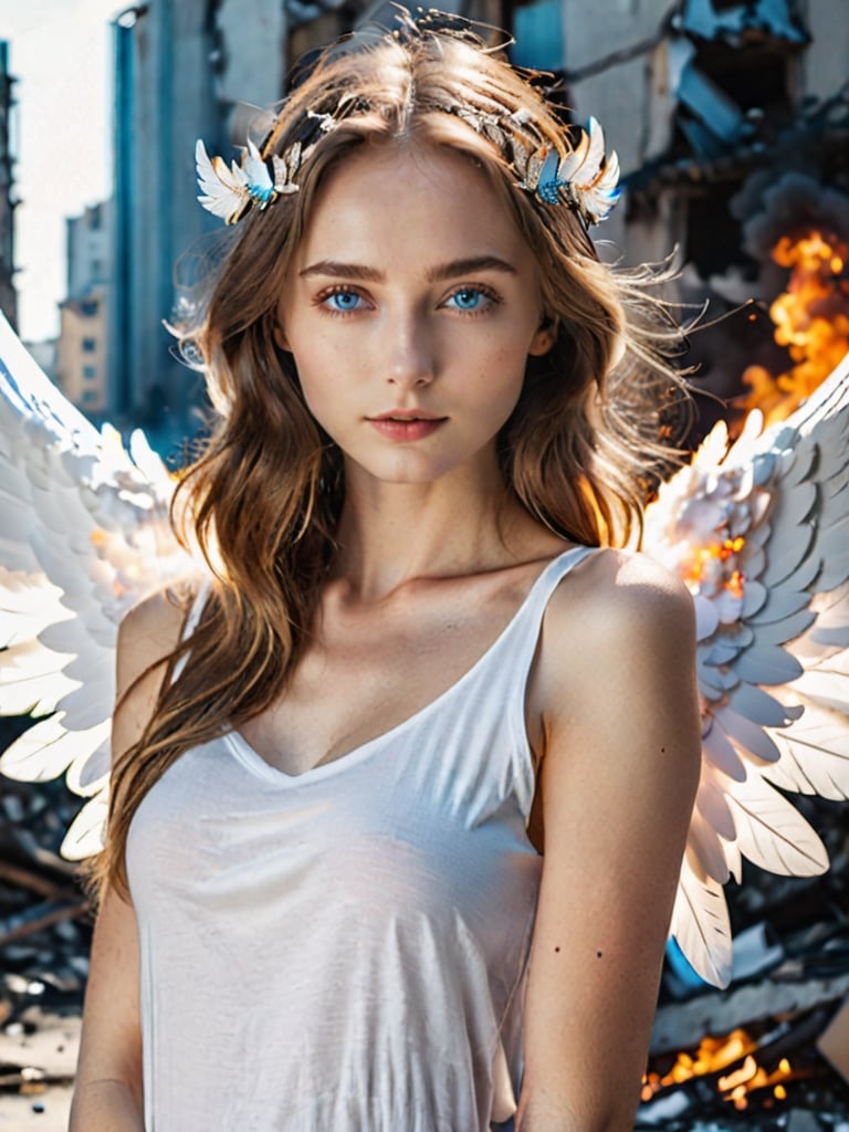 18, (((masterpiece))), (((complex details))), (((best quality))), 8K, 16K, high resolution, ultra realistic photo, studio photo, eye focus, detailed eyes, beautiful eyes, blue eyes, unique eyes, Instagram photos, full-length portrait, full-body view, young girl with large white wings spread out, (((large wings ))), (((bright white wings))), angel girl, 28 years old, light brown shoulder-length hair, flowing hair, beautiful Russian face, wide cheekbones, natural makeup, slim figure, small breasts, slim waist, wide hips, without underwear,(((dressed ONLY in a knee-length T-shirt))), (((long white T-shirt fits the body))), (((knee-length T-shirt))), against the background of a destroyed, burning city, a lot of fire, smoke, explosions