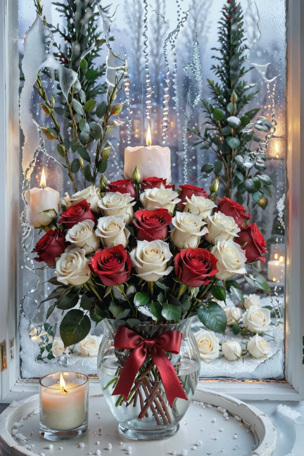 ultra-realistic, 8K, optimal composition, a bouquet of white with a red border on rose petals, white and red roses, half-opened buds, a beautiful bouquet, many roses, lighted candles next to it, against the background of a frozen window