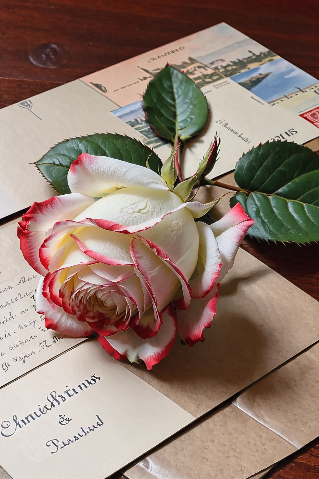 a red and white rose, a half-opened bud, lies on a postcard, an inscription on the postcard СПАСИБО!!!