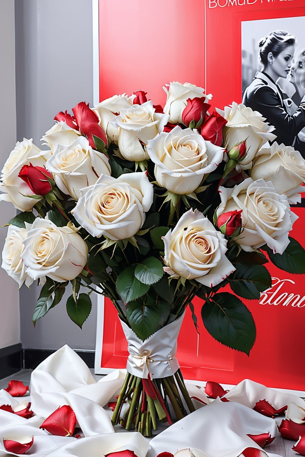 ultra-realistic, 8K, optimal composition, bouquet of white with red border on rose petals, white-red roses, half-opened buds, beautiful bouquet, Movie poster, Movie poster