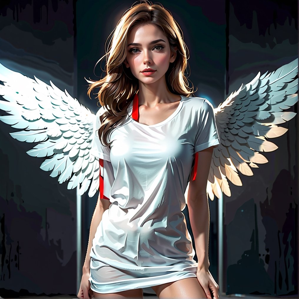 18, (((masterpiece))), (((complex details))), (((best quality))), 8K, 16K, high resolution, ultra realistic photo, studio photo, eye focus, detailed eyes, beautiful eyes, blue eyes, unique eyes, Instagram photos, full-length portrait, full-body view, young girl with large white wings spread out, (((large wings ))), (((bright white wings))), angel girl, 28 years old, light brown shoulder-length hair, flowing hair, beautiful Russian face, wide cheekbones, natural makeup, slim figure, small breasts, slim waist, wide hips, without underwear,(((dressed ONLY in a knee-length T-shirt))), (((long white T-shirt fits the body))), (((knee-length T-shirt))), against the background of a destroyed, burning city, a lot of fire, smoke, explosions