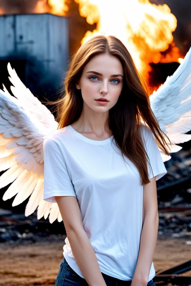 18, (((masterpiece))), (((complex details))), (((best quality))), 8K, 16K, high resolution, ultra realistic photo, studio photo, eye focus, detailed eyes, beautiful eyes, blue eyes, unique eyes, Instagram photos, full-length portrait, full-body view, young girl with large white wings spread out, angel girl, 28 years old, light brown shoulder-length hair, flowing hair, beautiful Russian face, wide cheekbones, natural makeup, slender figure, small breasts, slim waist, wide hips, no underwear,(((wearing ONLY a knee-length T-shirt))),  (((long white T-shirt hugs the body))), (((knee-length T-shirt))), against the background of a destroyed, burning city, a lot of fire, smoke, explosions