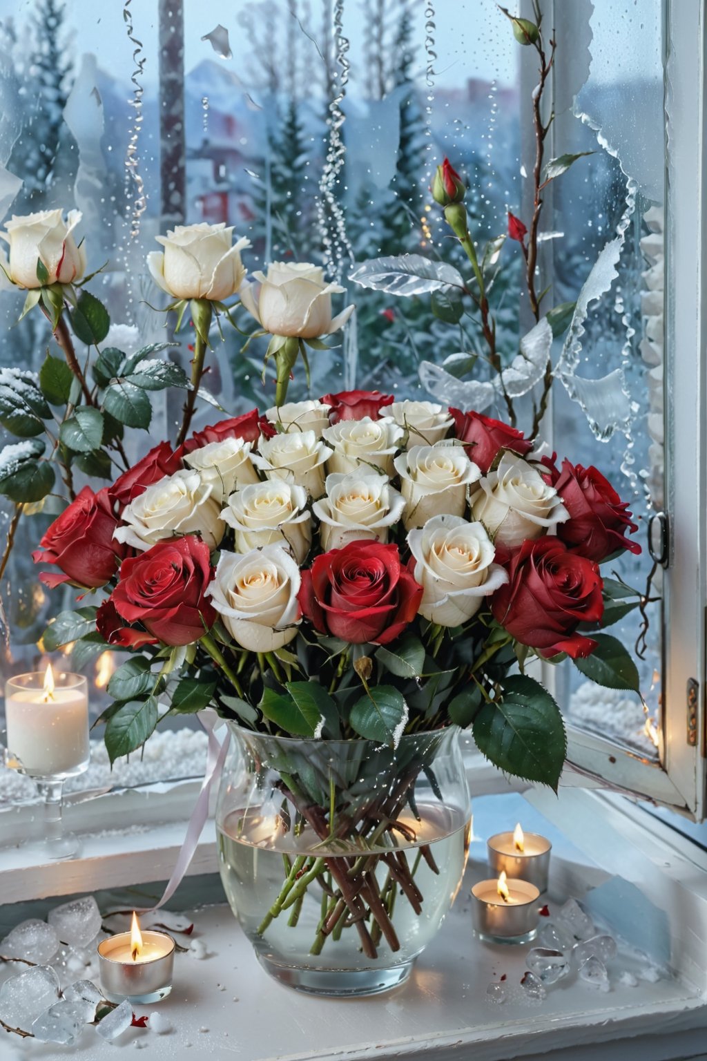 ultra-realistic, 8K, optimal composition, a bouquet of white with a red border on rose petals, white and red roses, half-opened buds, a beautiful bouquet, many roses, lighted candles next to it, against the background of a frozen window