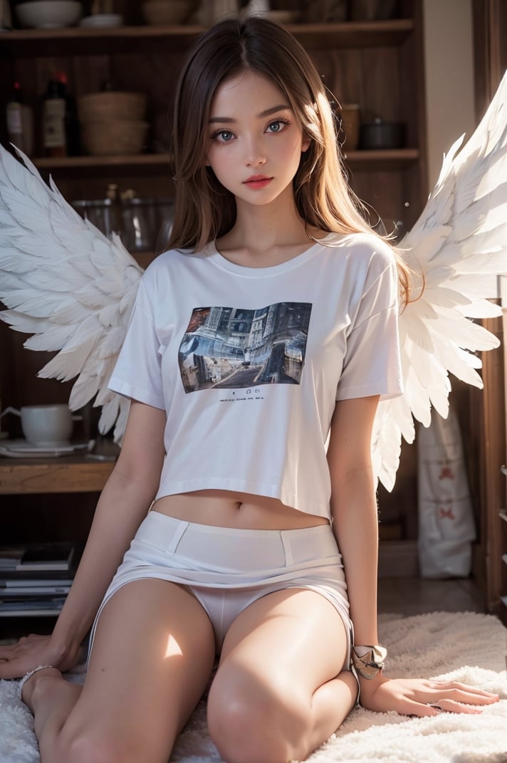 18, (((masterpiece))), (((complex details))), (((best quality))), 8K, 16K, high resolution, ultra realistic photo, studio photo, eye focus, detailed eyes, beautiful eyes, blue eyes, unique eyes, Instagram photos, full-length portrait, full-body view, young girl with large white wings spread out, (((large wings ))), (((bright white wings))), angel girl, 28 years old, light brown shoulder-length hair, flowing hair, beautiful Russian face, wide cheekbones, natural makeup, slim figure, small breasts, slim waist, wide hips, without underwear,(((dressed ONLY in a knee-length T-shirt))), (((long white T-shirt fits the body))), (((knee-length T-shirt))), against the background of a destroyed, burning city, a lot of fire, smoke, explosions