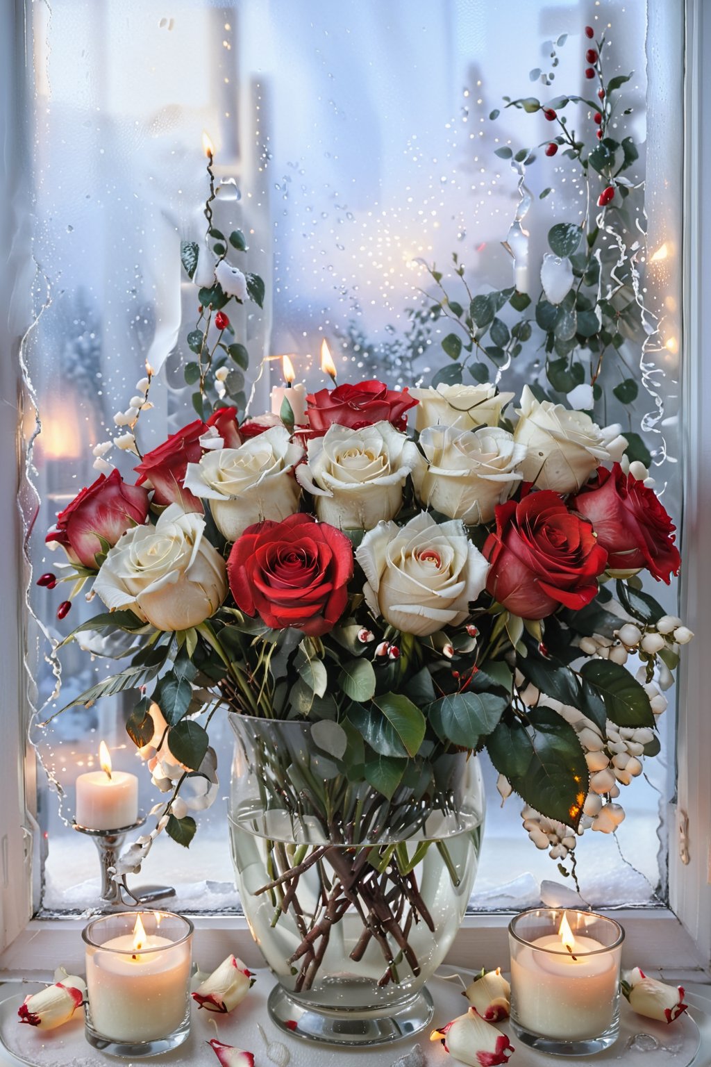 ultra-realistic, 8K, optimal composition, a bouquet of white with a red border on rose petals, white and red roses, half-opened buds, a beautiful bouquet, many roses, lighted candles next to it, against the background of a frozen window