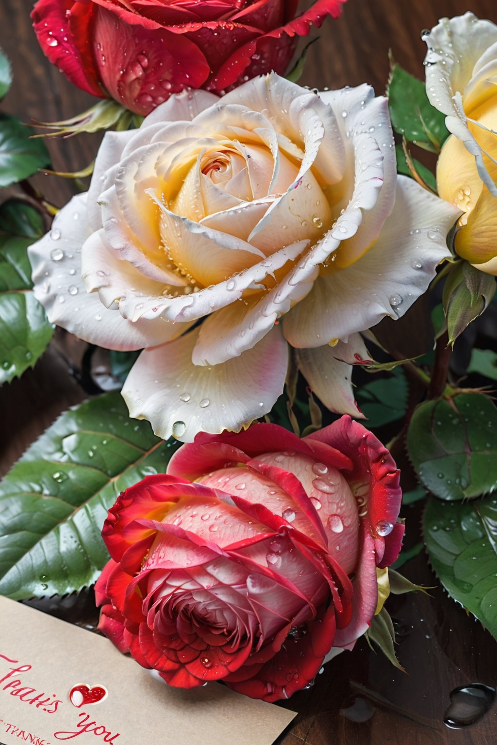 3 red-white roses, bright colors, beautiful roses, a half-opened bud, drops of water on the petals,a half-opened bud, lies on a postcard, an inscription on the postcard (((THANKS YOU!)))