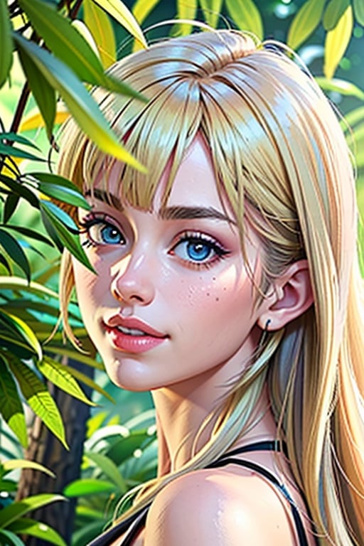 (best quality, 4k, 8k, highres, masterpiece:1.2), ultra-detailed, (realistic, photorealistic, photo-realistic:1.37), woman, full body, detailed face and hand, beautiful detailed eyes, cute smile,  ( best quality, 4k, 8k, 16k, high resolution, masterpiece:1.2), over-detailed, (realistic, photorealistic, photorealistic-realistic:1.37),  close-up of the face, looking into the camera, looking straight, girl, 27 years old, Russian girl, (((blonde))), very light  hair, (((bangs))), long slightly curly hair, angular face, high forehead, thick dark eyebrows, wide cheekbones, small nose, a little upturned nose, blue eyes, symmetrical eyes, beautiful detailed eyes, sweet smile, pronounced nasolabial triangle, pink lips, open smile, beautiful smile, dreamy face, natural makeup, open neck, open shoulders, white thin T-shirt, small neat breasts, beautiful breasts, fashionable instagram influencer, studio lighting, studio light,against the background of a forest lake, coniferous forest, clear water, small ripples, summer, blue sky,