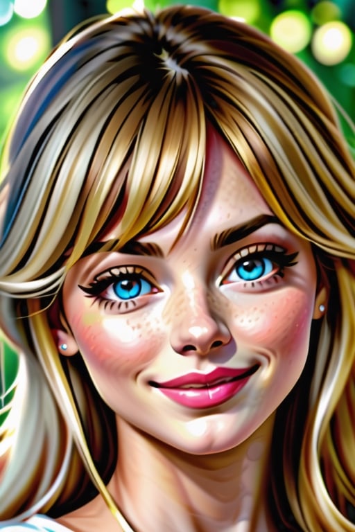 (best quality, 4k, 8k, highres, masterpiece:1.2), ultra-detailed, (realistic, photorealistic, photo-realistic:1.37), woman, full body, detailed face and hand, beautiful detailed eyes, cute smile,  ( best quality, 4k, 8k, 16k, high resolution, masterpiece:1.2), over-detailed, (realistic, photorealistic, photorealistic-realistic:1.37),  close-up of the face, looking into the camera, looking straight, girl, 27 years old, Russian girl, (((blonde))), very light  hair, (((bangs))), long slightly curly hair, angular face, high forehead, thick dark eyebrows, wide cheekbones, small nose, a little upturned nose, blue eyes, symmetrical eyes, beautiful detailed eyes, sweet smile, pronounced nasolabial triangle, pink lips, open smile, beautiful smile, dreamy face, natural makeup, open neck, open shoulders, white thin T-shirt, small neat breasts, beautiful breasts, fashionable instagram influencer, studio lighting, studio light,against the background of a forest lake, coniferous forest, clear water, small ripples, summer, blue sky,