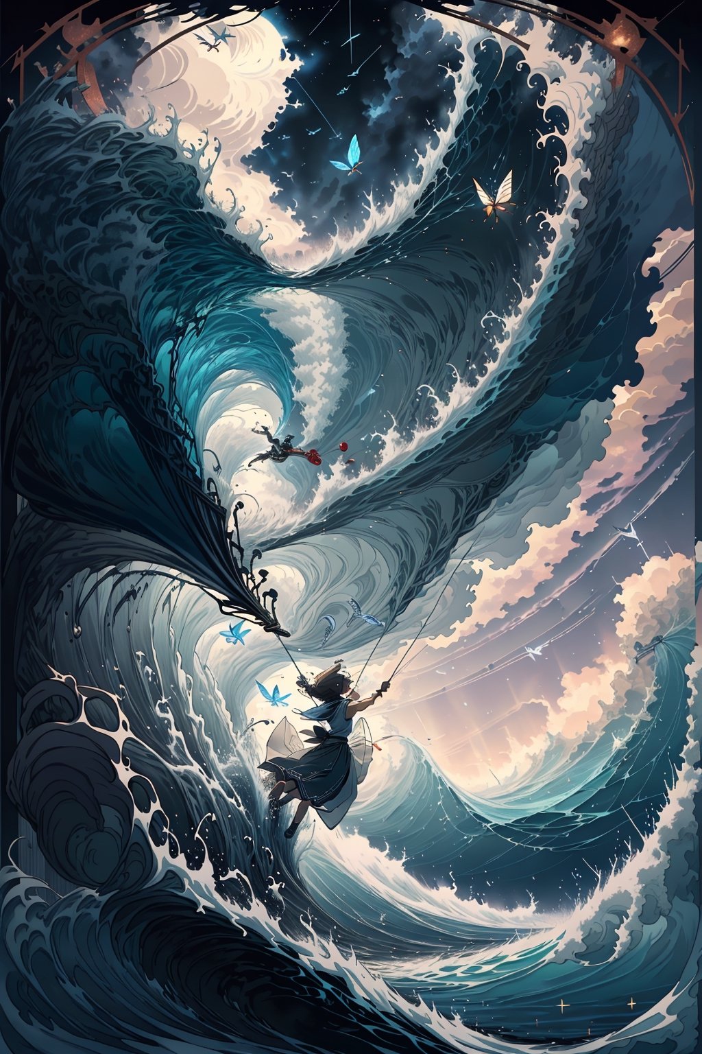 Poster design, tri-fold, Robinson Crusoe, bow deck, sailor, adventure, big waves, lightning, flying bugs