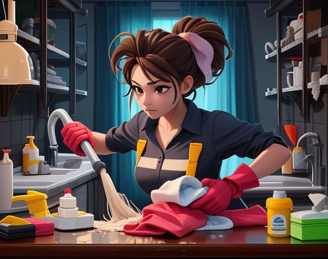 image of full body woman doing cleaning, medium build, beautiful brown hair, black eyes, well-defined facial features, dressed in clothes to do cleaning at home