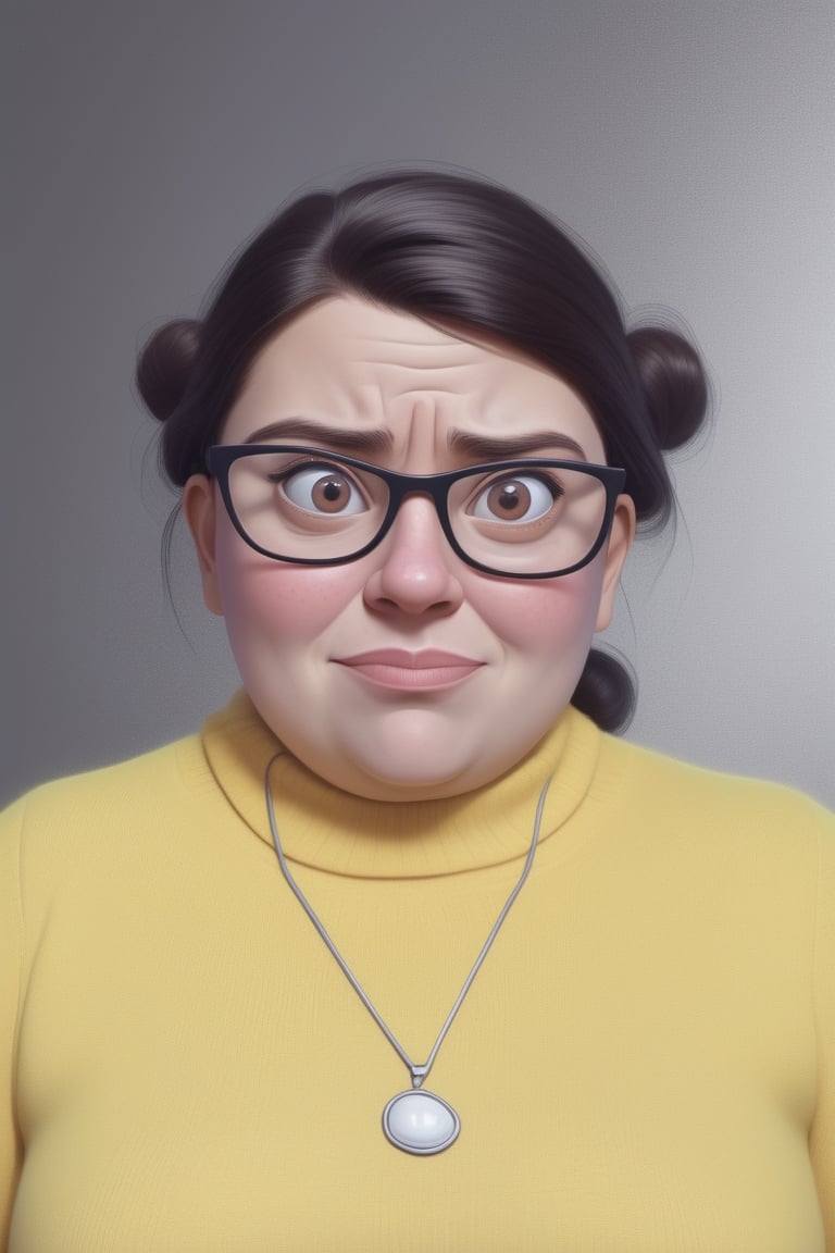 Cartoonish 3d style, ((pixar style)) humorous and exaggerated representation, A woman with glasses, Dynamic, disbeliefes, meme, funny, hyperdetailed, highres, 3d style,style of Edvard Munch