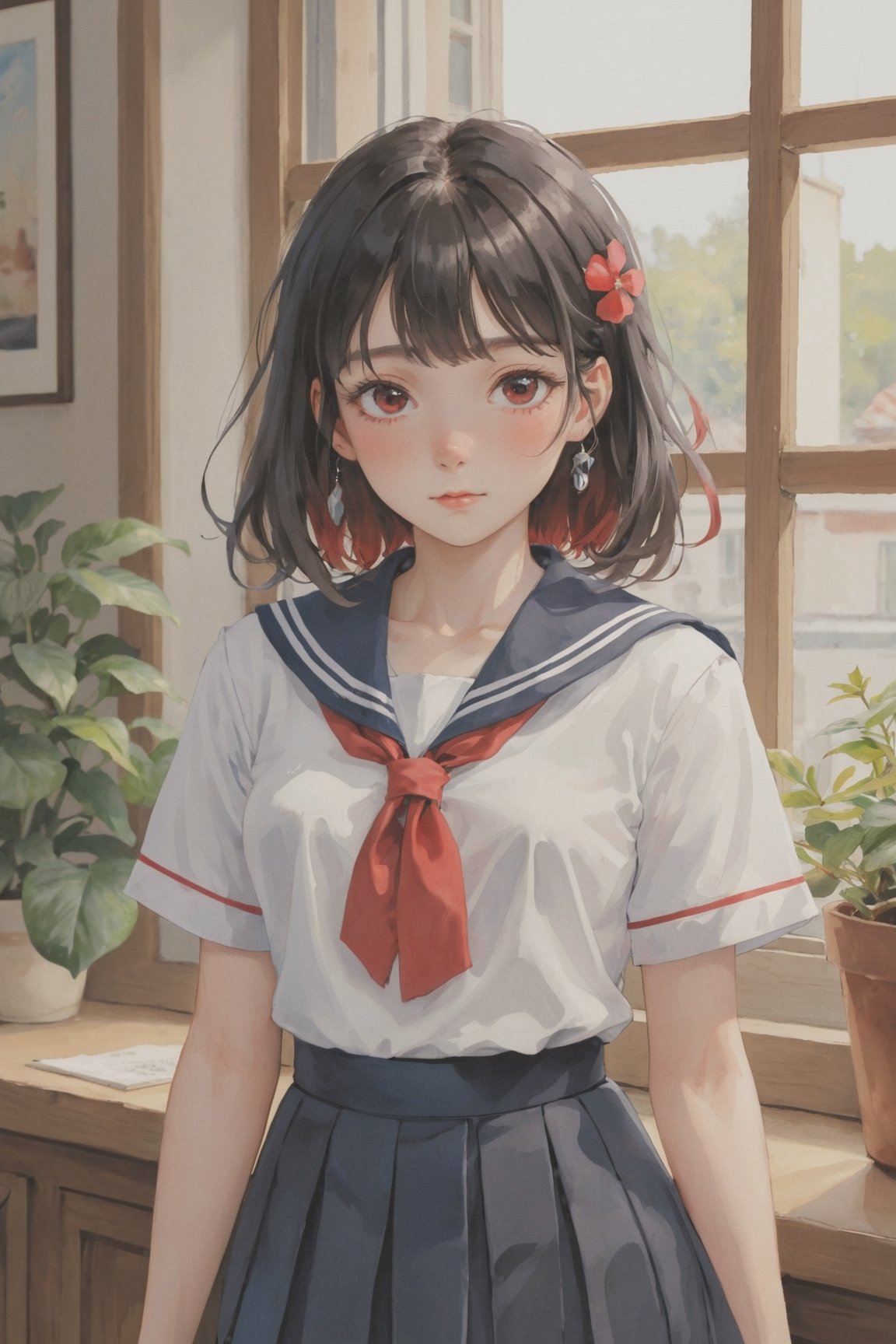 (Best quality, High quality, masterpiece, Watercolor painting, fairytale, ligne_claire, realistic, Illustration), rating:safe, 1girl, skirt, long_hair, red_eyes, solo, earrings, blue_eyes, sailor_collar, black_hair, pleated_skirt, jewelry, school_uniform, black_skirt, heterochromia, serafuku, looking_at_viewer, short_sleeves, indoors, neckerchief, window, floating_hair, shirt, red_neckwear, white_shirt, standing, bangs, closed_mouth, petals, blush, black_sailor_collar, holding, cowboy_shot, multicolored_hair, eyebrows_visible_through_hair