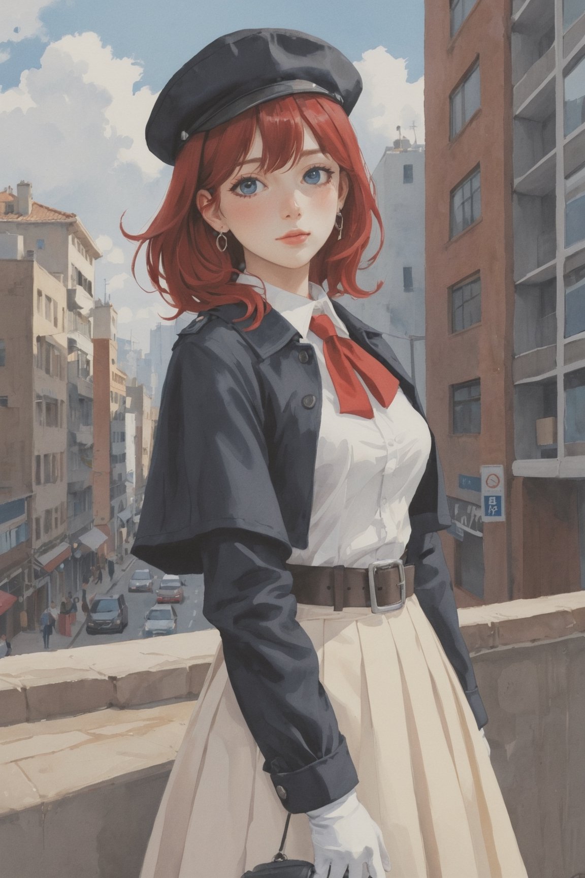 (Best quality, High quality, masterpiece, Gouache painting, Semi realistic, ligne_claire, Illustration, Watercolor), rating:safe, 1girl, multicolored_hair, black_hair, gloves, hat, blue_eyes, jacket_on_shoulders, breasts, heterochromia, solo, beret, long_hair, cleavage, red_hair, white_gloves, jacket, skirt, red_eyes, streaked_hair, looking_at_viewer, pleated_skirt, outdoors, city, belt, standing, building, cowboy_shot, cape, black_headwear, jewelry, bangs, white_skirt, medium_breasts, sidelocks, earrings, black_jacket, dress, eyebrows_visible_through_hair, bag, blush, day, cityscape, peaked_cap, car, two-tone_hair, long_sleeves, closed_mouth