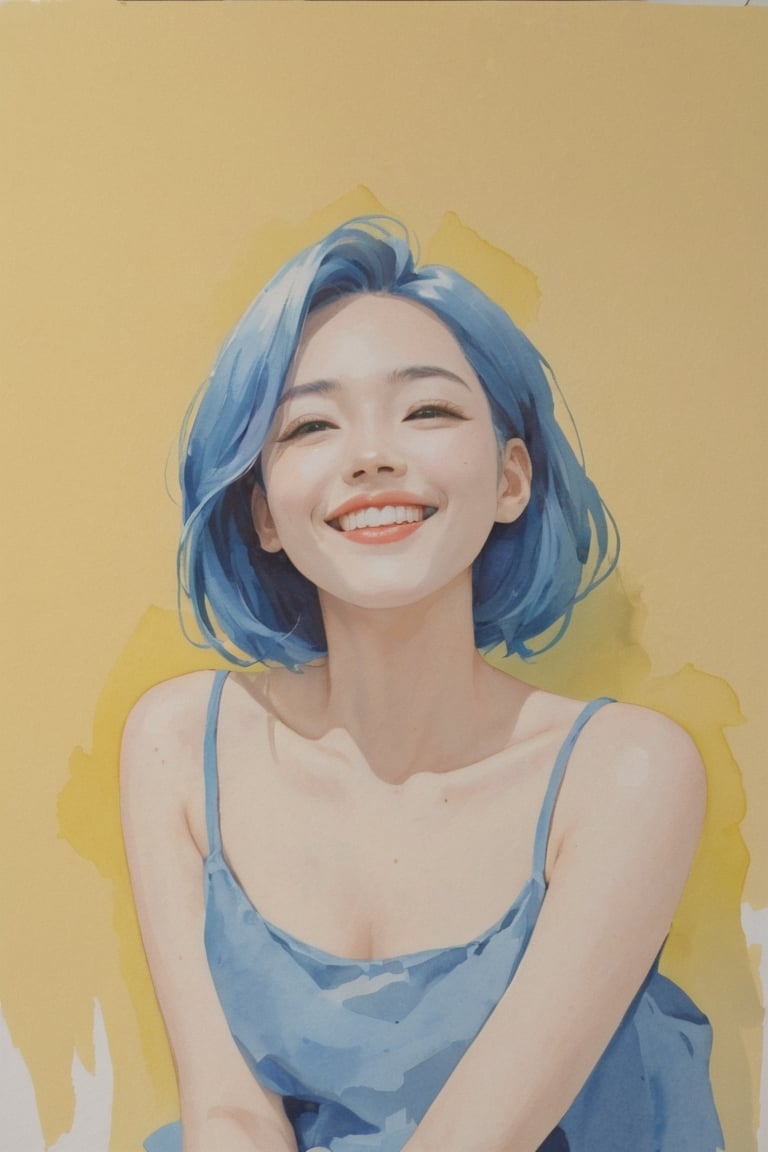 (Best quality, Good Quality, masterpiece, Super Quality, Gouache painting, Gouache, ligne_claire, realistic, painting, Portrait), 1girl, Seductive smile, Watercolor, Blue hair, Negative spaces, Abstract, Impression, Korean