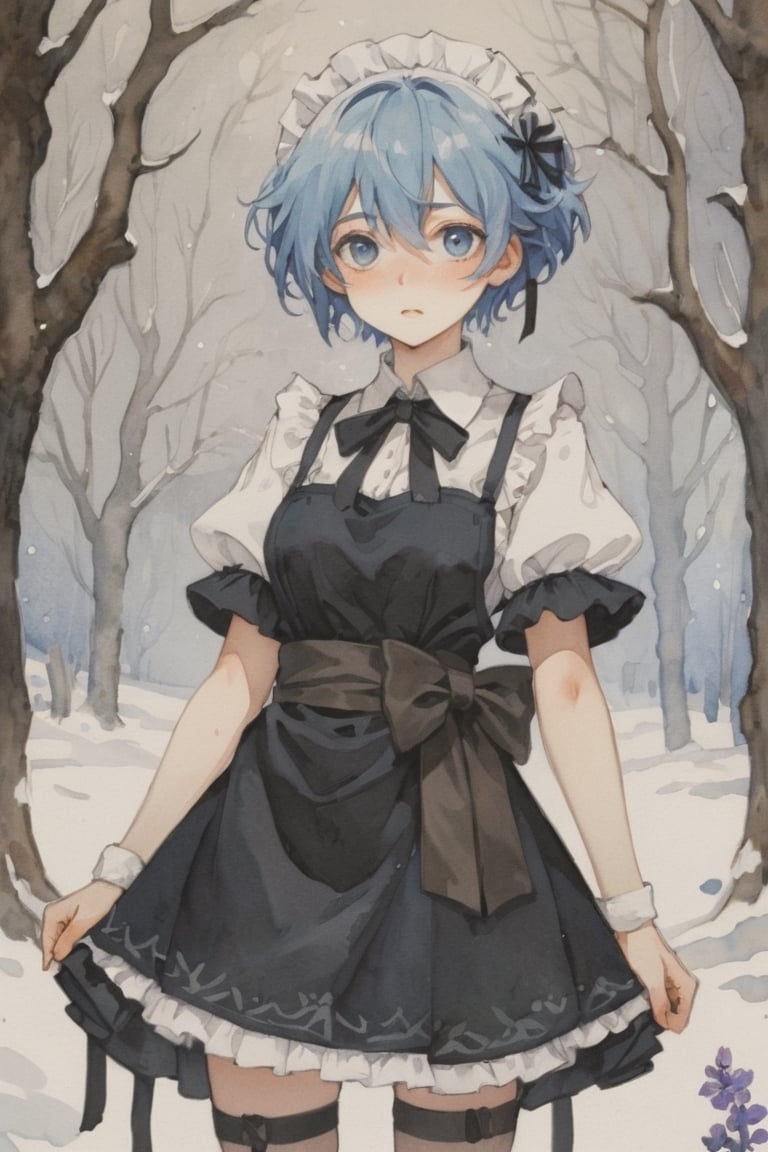 (Best quality, High quality, masterpiece, Watercolor painting, ligne_claire, Anime Illustration), ((stylized art style, painted by Egon Schiele and Rembrandt and Gustave Dorè)), 1girl, apron, bare tree, black ribbon, blue hair, branch, detached collar, detached sleeves, flower, forest, frilled sleeves, frills, hair ornament, hair over one eye, looking at viewer, maid, maid headdress, medium breasts, nature, outdoors, rem \(re:zero\), ribbon, roswaal mansion maid uniform, short hair, snow, snowflakes, solo, standing, thighhighs, tree, waist apron, white apron, white legwear, winter, wisteria, x hair ornament