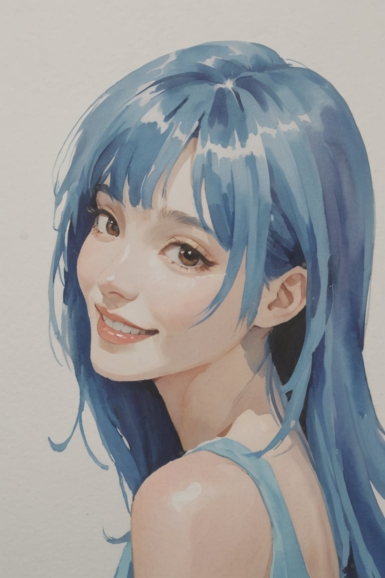 (Best quality, Good Quality, masterpiece, Super Quality, Gouache painting, Gouache, ligne_claire, realistic, painting, Portrait), 1girl, Seductive smile, Watercolor, Blue hair, Negative spaces, Abstract, Impression, Korean