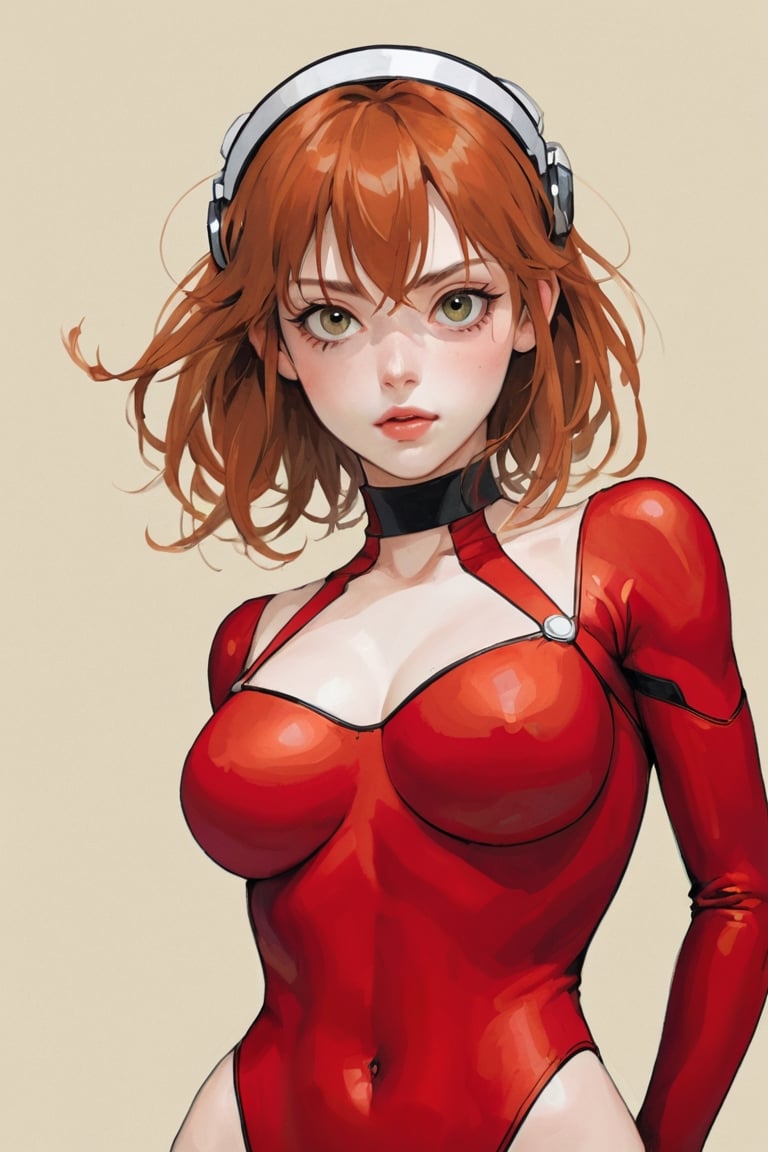 (Best quality, High quality, masterpiece, pencil painting, ligne_claire, Anime Illustration, Detailed eyes), ((stylized art style, painted by Egon Schiele and Gustave Doré and Rembrandt)), 1girl, adapted costume, artist name, bangs, blurry, blurry background, breasts, cleavage, cleavage cutout, clothing cutout, depth of field, explosion, gloves, hair ornament, hand on hip, hands on hips, headgear, highleg leotard, interface headset, leotard, lips, long hair, plugsuit, realistic, red leotard, solo, souryuu asuka langley, turtleneck, two side up,more detail XL