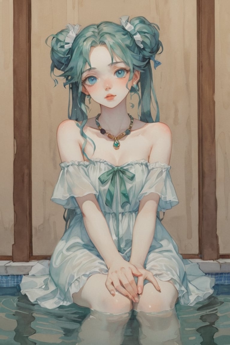 (Best quality, High quality, masterpiece, Watercolor painting, ligne_claire, Anime, Anime Illustration), ((stylized art style, painted by Egon Schiele and Rembrandt and Gustave Dorè)), 1 girl, 1girl, aqua eyes, aqua hair, bare shoulders, curtains, dress, hatsune miku, jewelry, lips, long hair, necklace, partially submerged, pool, see-through, sitting, solo, strapless, twintails, very long hair, water, waterfall, wet