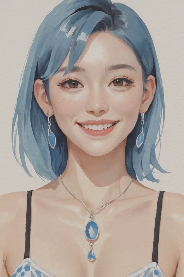 (Best quality, Good Quality, masterpiece, Super Quality, Gouache painting, Gouache, ligne_claire, realistic, painting, Portrait), 1girl, Seductive smile, Watercolor, Blue hair, Negative spaces, Abstract, Impression, Korean, Necklace, ear rings, small tattoo, Piercing, Deep V_Neck