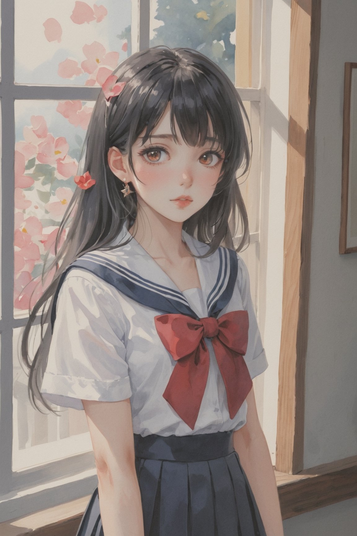 (Best quality, High quality, masterpiece, Watercolor painting, fairytale, ligne_claire, realistic, Illustration), rating:safe, 1girl, skirt, long_hair, red_eyes, solo, earrings, blue_eyes, sailor_collar, black_hair, pleated_skirt, jewelry, school_uniform, black_skirt, heterochromia, serafuku, looking_at_viewer, short_sleeves, indoors, neckerchief, window, floating_hair, shirt, red_neckwear, white_shirt, standing, bangs, closed_mouth, petals, blush, black_sailor_collar, holding, cowboy_shot, multicolored_hair, eyebrows_visible_through_hair