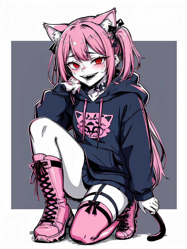 vtuber,1girl, cute anime characters,Beautiful blue eyes,asymmetric bangs,candy punk Fashion,Hooded hoodie shaped like a cute kitten,cat ear hood,Pastel colored clothes based on blue and pink,Pastel Emo Fashion, Anime Print Shirt,Gothic Style tights, long military boots, score_7_up,dal-6 style,pink-emo,emo, art nouveau,vspop,flat style,hand drawn,ek_an1_b00ster
