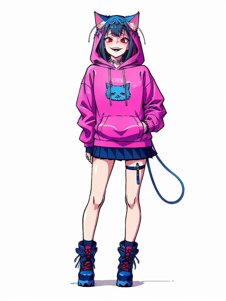  vtuber,1girl, cute anime characters,Beautiful blue eyes,asymmetric bangs,candy punk Fashion,Hooded hoodie shaped like a cute kitten,cat ear hood,Pastel colored clothes based on blue and pink,Pastel Emo Fashion, Anime Print Shirt,Gothic Style tights, long military boots, score_7_up,dal-6 style,pink-emo,emo, art nouveau,vspop,flat style,hand drawn,ek_an1_b00ster