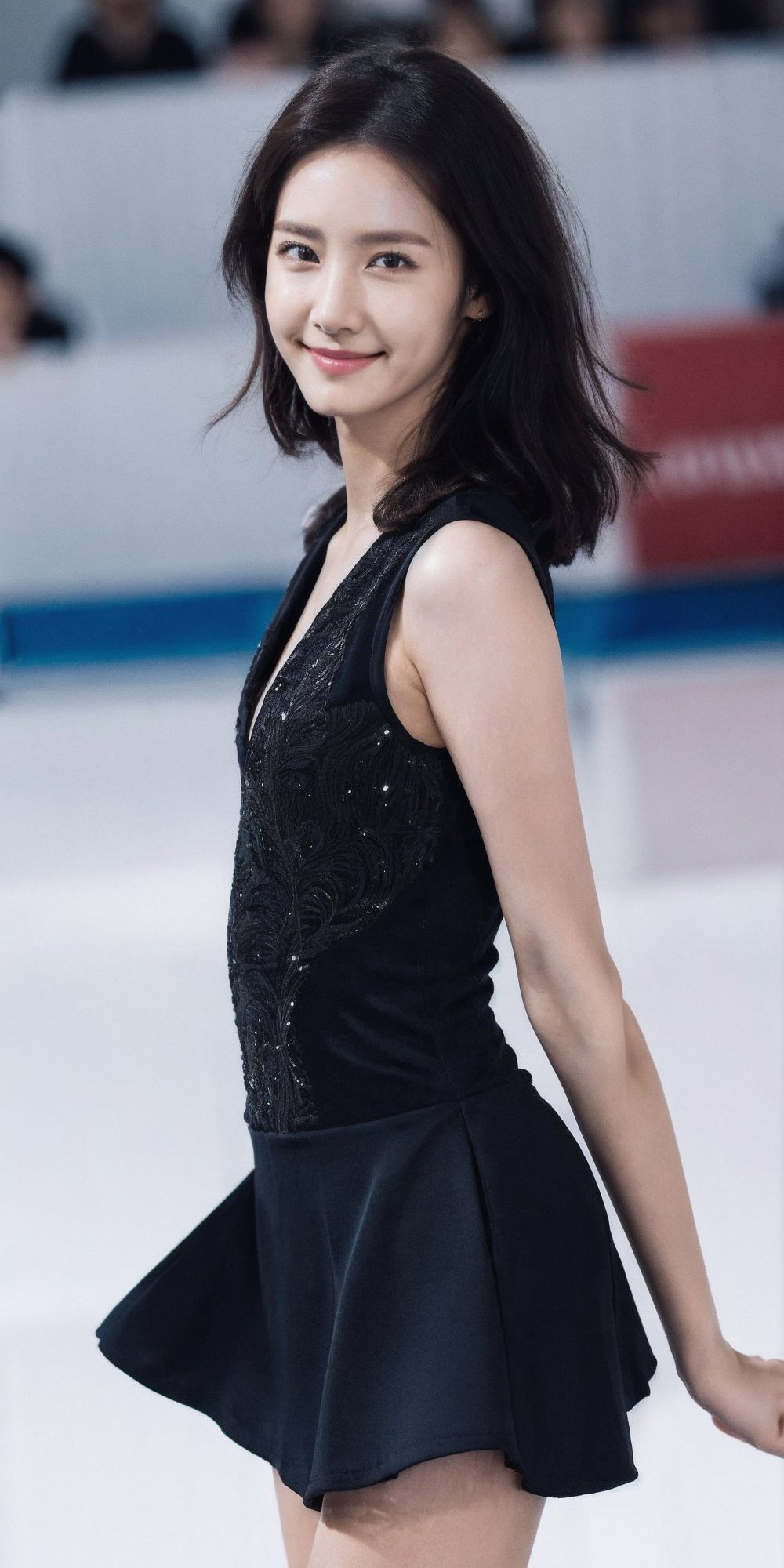 (masterpiece), best quality, high resolution, highly detailed, detailed background, perfect lighting, 3girl friends, bangs, korean girl, 20 yo, highres, Figure Skating,Ice Rink,black hair, short hair, water,eye smile,lips smile,{beautiful and detailed eyes},calm expression,slim body,medium natural breast, glamor,full_body, yoona, sexy one-piece, standing,
lift skirt, ((shot from far distance)),  dynamic movement,full_body