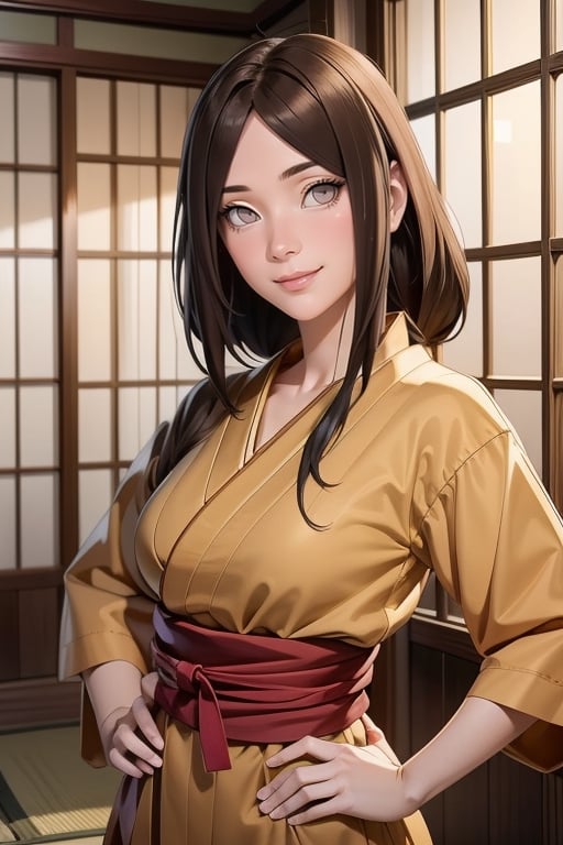 masterpiece,  beautiful face,  expression smiling,  cute girl,  seductive look,  half open eyes,  half closed mouth,  brown hair,  white eyes,  HanabiH,  Hana,  standing,  one hand on hip,  kunai in one hand,  peeking out upper body,  Hands on the curtain of a Japanese inn,  ramen inn, , , , , ,HanabiH